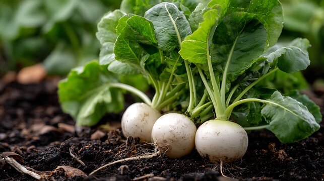 Organic White Turnips Growing with Green Leaves in Dark Soil