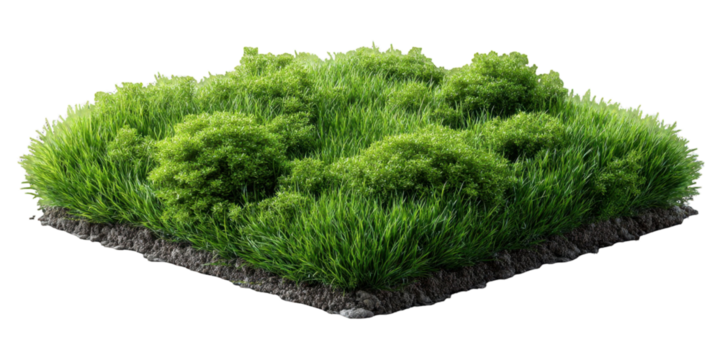 Isolated green lush land plot with grass and bushes on transparent background