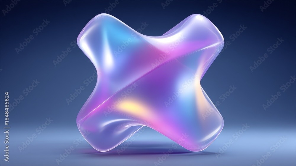 Poster a purple, multi-colored, geometric shape. the shape is made of a clear material and he is floating i