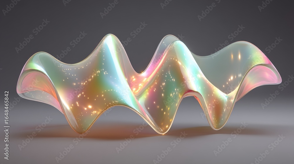 Poster a colorful, abstract wave shape with a lot of sparkles. the wave is made of a shiny, reflective mate