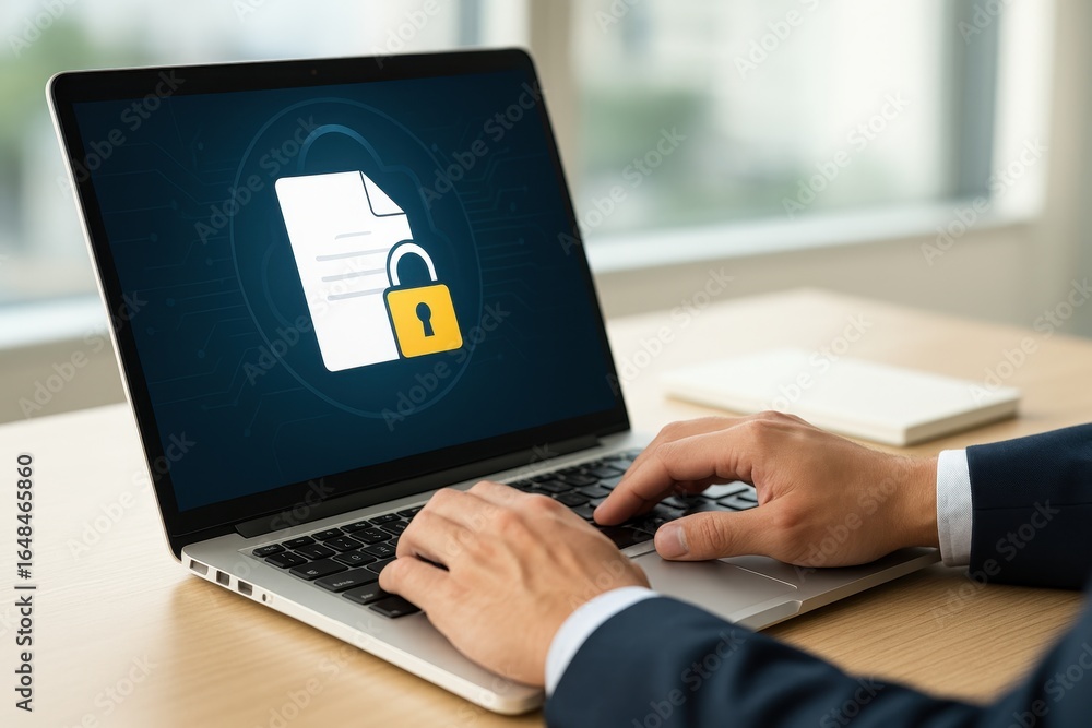 Poster businessman typing on laptop with lock symbol representing data security and confidentiality in mode