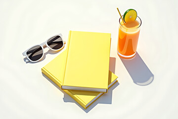 Sunglasses, books, and a refreshing drink isolated on white background