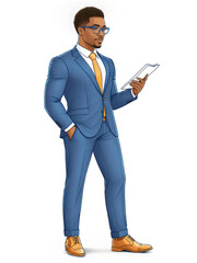 Cryptocurrency Lawyer A young Black man, 30-35 years old, with short curly hair, wearing glasses and a business suit while