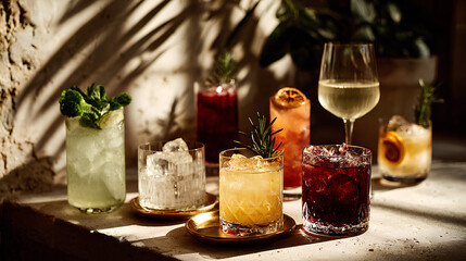 Assorted cocktails in various glasses with herbs and fruit garnishes