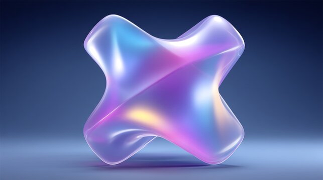 A purple, multi-colored, geometric shape. The shape is made of a clear material and he is floating in space