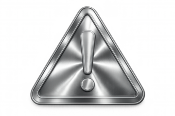 Brushed metal triangular warning sign with exclamation mark on transparent background, ideal for industrial and safety communication