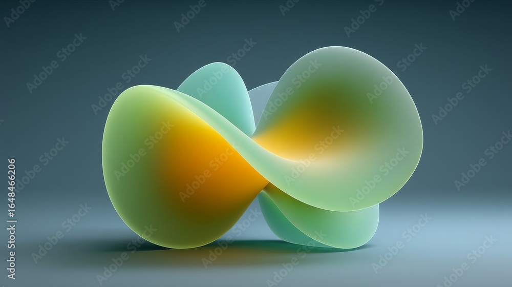Poster a large, abstract, green and yellow shape is displayed on a blue background. the shape is curved and