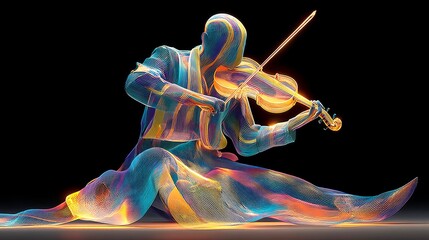 A man is playing a violin in a colorful, abstract style. Concept of creativity and artistic expression, as the man's body is depicted in a unique and stylized way