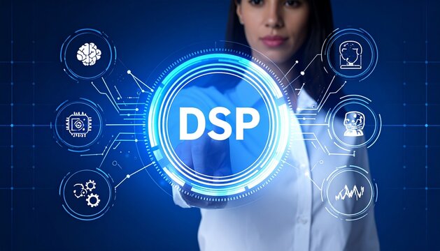 DSP Technology Interface – Digital Signal Processing Display with Graphs, Gears, and System Icons