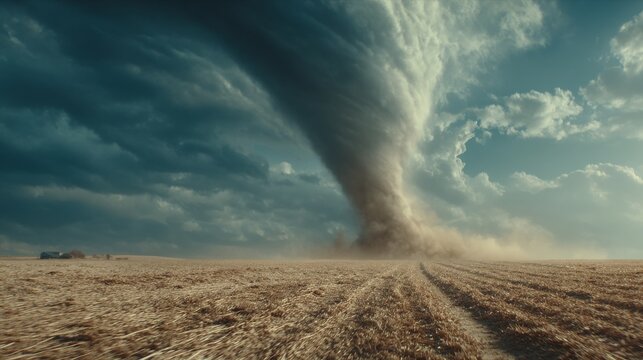 A tornado is blowing through a field of dry grass. The sky is cloudy and the sun is shining through the clouds - Powered by Adobe