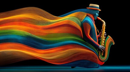 A colorful, abstract painting of a man playing a saxophone. The painting is full of vibrant colors and has a lively, energetic feel to it. The man is the main focus of the painting