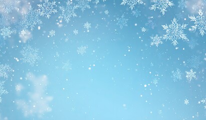 A light-blue backdrop with falling snowflakes.  Delicate, detailed snowflakes fill the upper part of the image, gradually fading into a soft, light-blue gradient. 