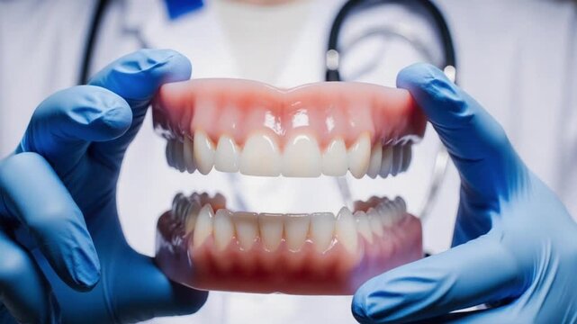 Dentist holding dentures in gloved hands shows dental prosthesis for patient care