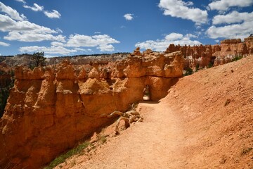 Scenic view of Bryce Canyon's Queens Garden trail with rock formations under a bright blue sky