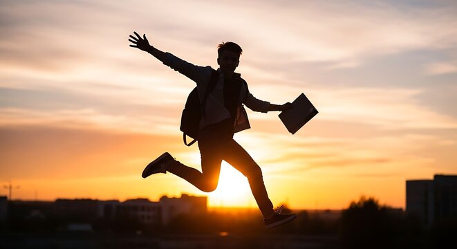 Silhouette of successful student jumping with laptop against beautiful sunset backdrop