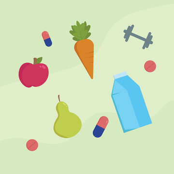 Health with an apple pear dumbbell carrot and pills.