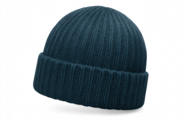 Knitted winter hat in dark green and teal, shielding wearer from chilly temperatures with soft, insulating fabric