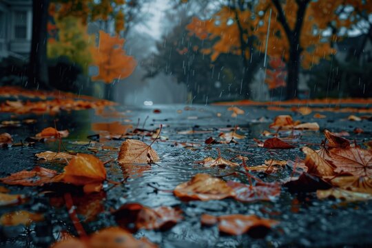 Fototapeta Rain fall autumn plant leaf.