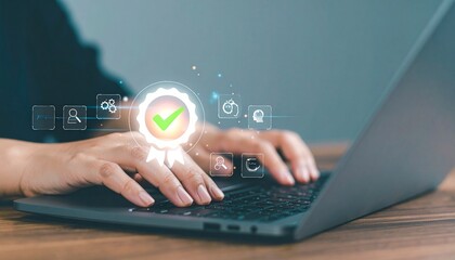 Digital Productivity Interface – Laptop Typing with Success Checkmark and Workflow Icons