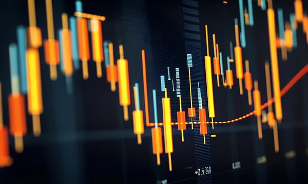 
Stock market chart background with blue and red colors, candlestick graph for financial data vector presentation design illustration