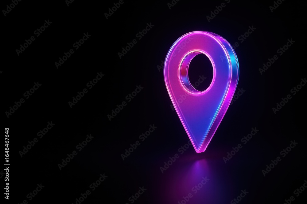 Poster neon location pin icon in vibrant colors for digital navigation and location-based services on dark 
