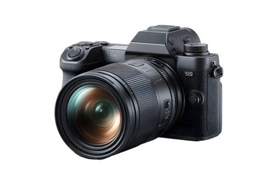 Professional Full Frame Mirrorless Camera isolated on transparent background for product presentation