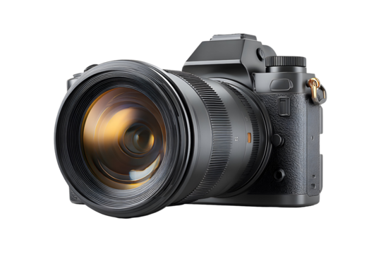 Sleek digital camera with lens on a transparent backdrop emphasizing equipment detail