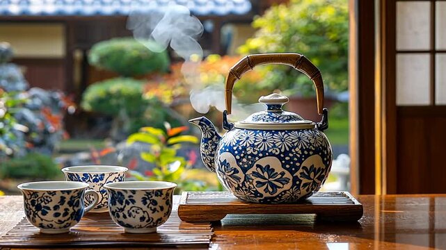 steaming blue and white floral tea set with inviting warmth and serenity in traditional Japanese home for promoting wellness relaxation art of mindful living lifestyle travel cultural concept
