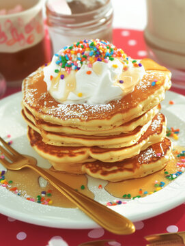 stack of funfetti pancakes with rainbow sprinkles and topped with vanilla icing