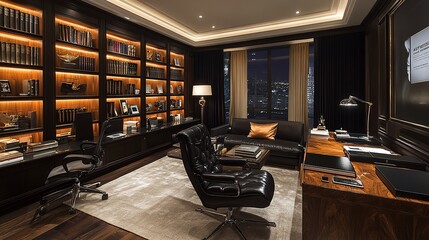 Plakat Elegant and modern executive office interior with a large illuminated bookcase, comfortable leather seating, and a window view of a city skyline at night.
