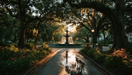 Obraz premium Majestic Fountain in a Lush Park Under Golden Hour Sunlight