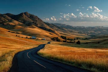 Winding Asphalt Road Through Golden Rolling Hills Towards Distant Mountains Under a Blue Sky