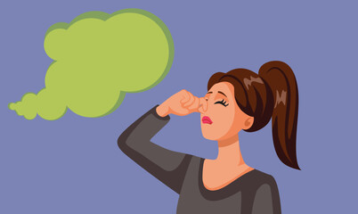 Woman Pinching her Nose Because of Foul Smell Vector Illustration. Person bothered by nasty strong odor reacting negatively to it 
