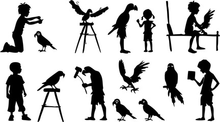 Obraz premium Silhouette image showing children interacting with birds and parrots in various positions and activities