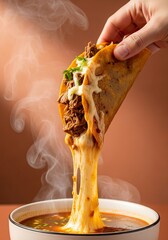 Crispy birria taco dipped in consommé broth with cheese stretch, warm terracotta background, ultra realistic food photography for gourmet marketing