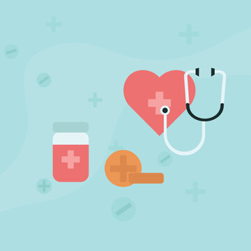 Medicine heart stethoscope pills and plus signs on a blue background.