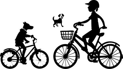 Obraz premium Silhouette of a girl and a dog riding bicycles with another dog standing nearby in a playful scene