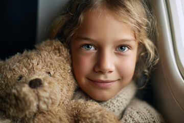 A young girl is holding a teddy bear and smiling