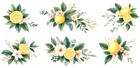 Watercolor lemon and floral arrangement design elements isolated on transparent background