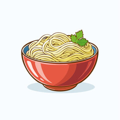 Cartoon Illustration of Noodle Bowl with Herb Garnish