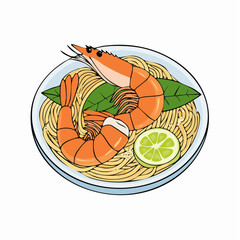 Cartoon Illustration of Shrimp Noodles on Plate with Herbs