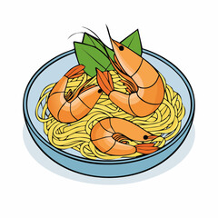 Cartoon Illustration of Shrimp Noodles on Plate with Herbs