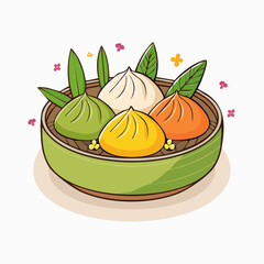 Cartoon Illustration of Colorful Steamed Dumplings in Bamboo Basket