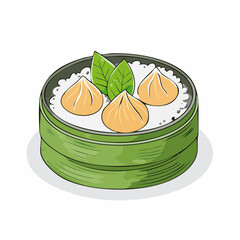 Cartoon Illustration of Colorful Steamed Dumplings in Bamboo Basket