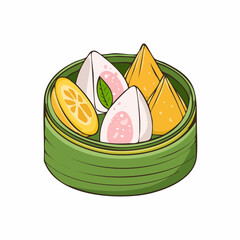 Cartoon Illustration of Colorful Steamed Dumplings in Bamboo Basket