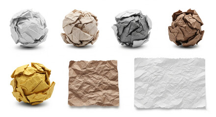 multi-stage crumpled paper pieces in different shades from fully crumpled to flat isolated on white background for graphic resource