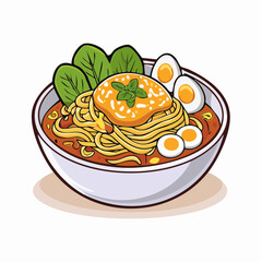 Cartoon Illustration of Noodle Bowl with Egg and Vegetables