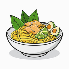 Cartoon Illustration of Noodle Bowl with Egg and Vegetables