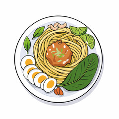 Cartoon Illustration of Noodle Bowl with Egg and Vegetables