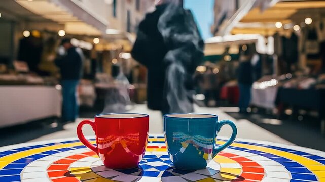 Coffee cups steam on mosaic table at outdoor market. Perfect for travel, cafe, relaxation, lifestyle, and tourism advertisements or intros. Focus on vibrant color and street view.